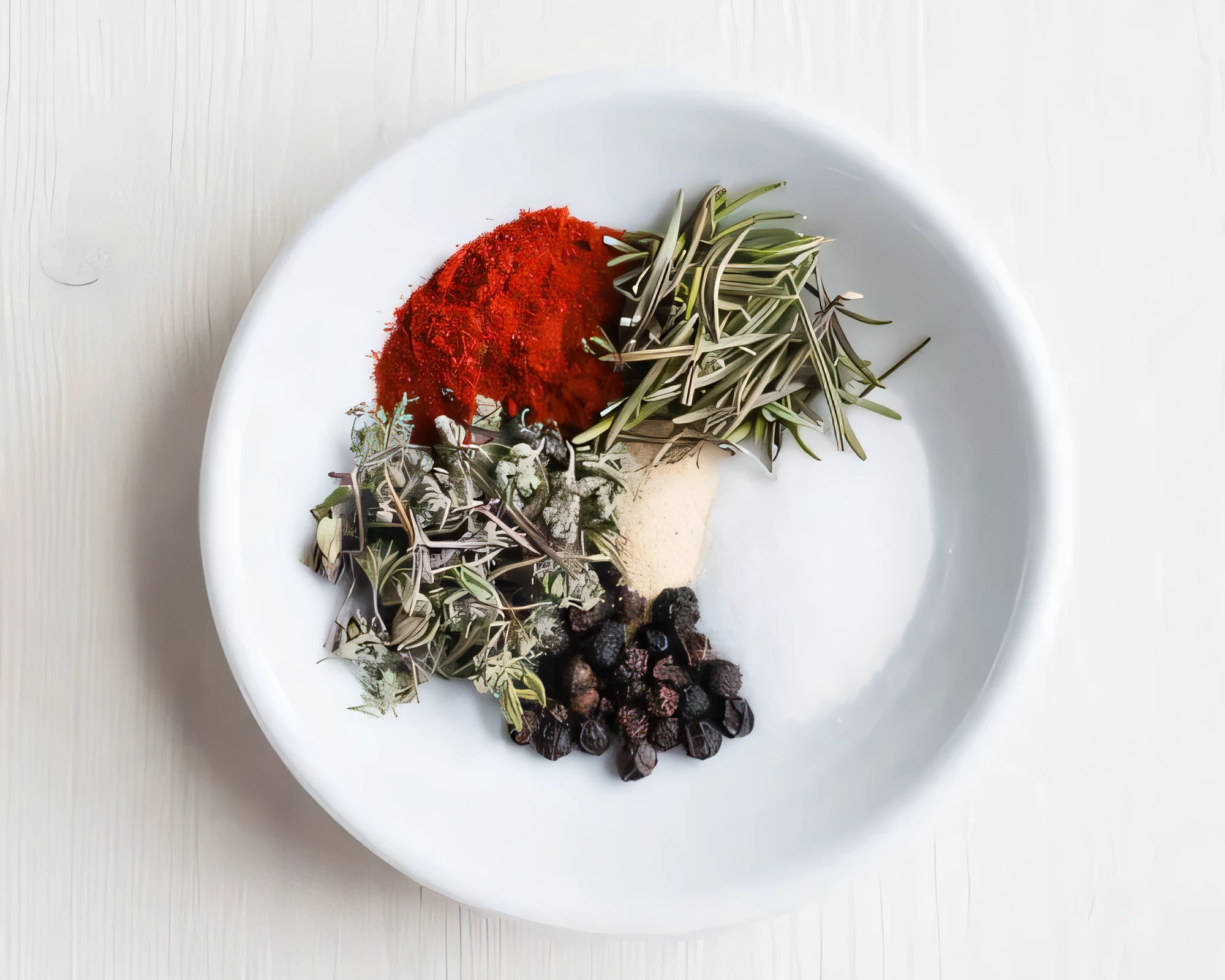 Bowl of dried thyme, rosemary, paprika, and peppercorns for seasoning