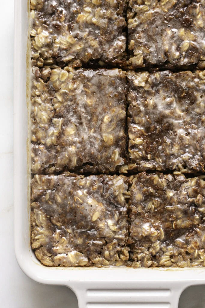 Same glazed baked oatmeal pan from a closer angle