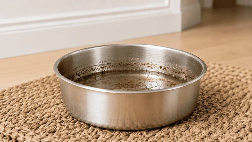Dirty stainless steel pet bowl with visible biofilm residue inside