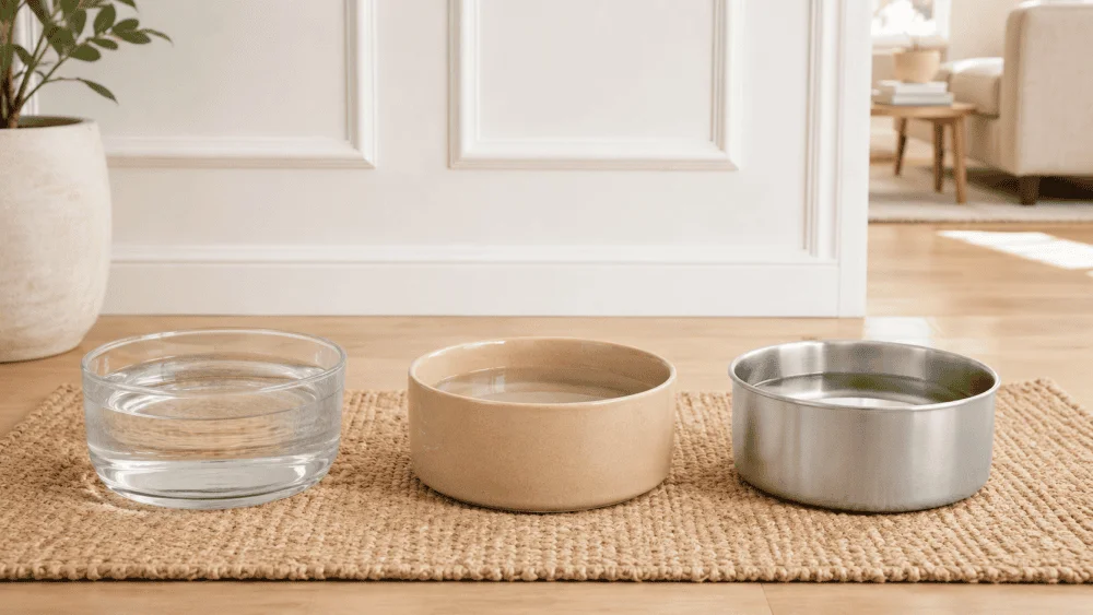 Glass, ceramic, and stainless steel pet bowls lined up for comparison