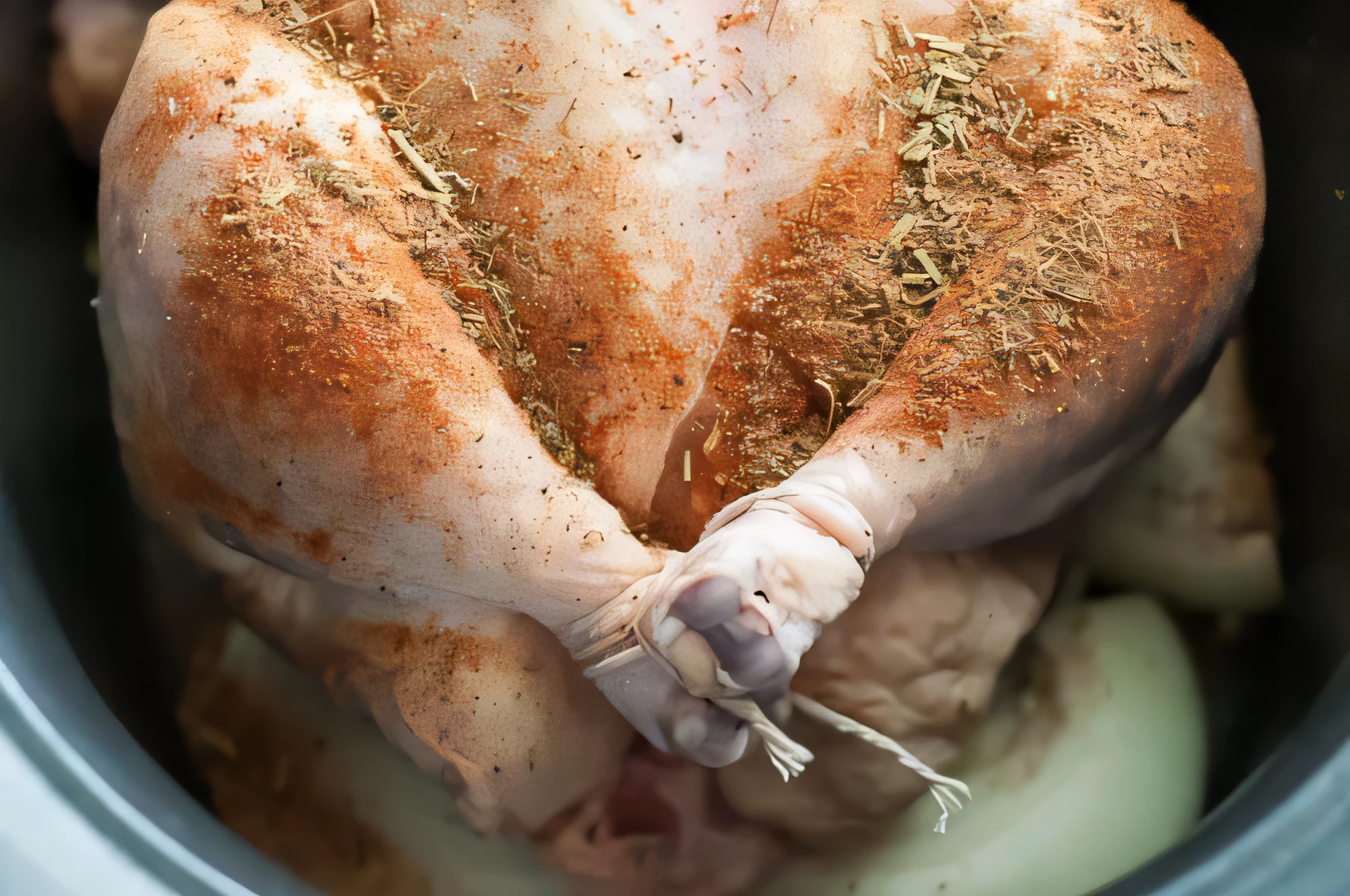 Raw chicken trussed with kitchen twine, seasoned, ready to slow-cook