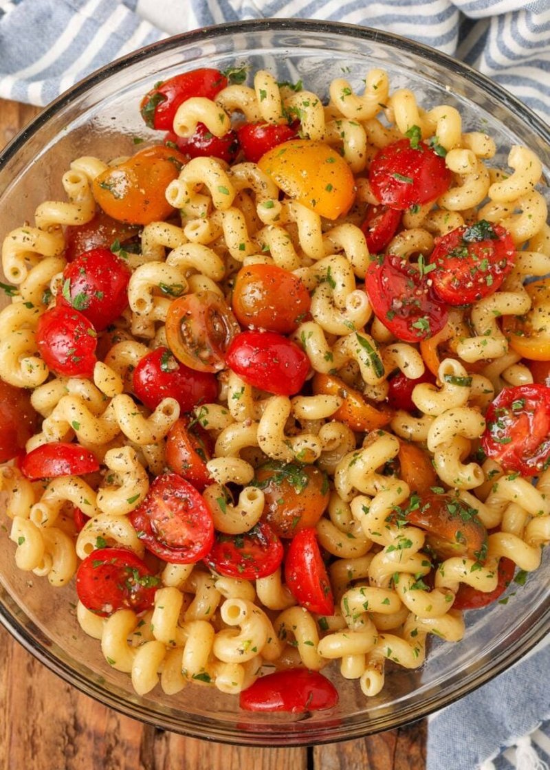 Cherry tomato pasta salad with parsley and Parmesan
