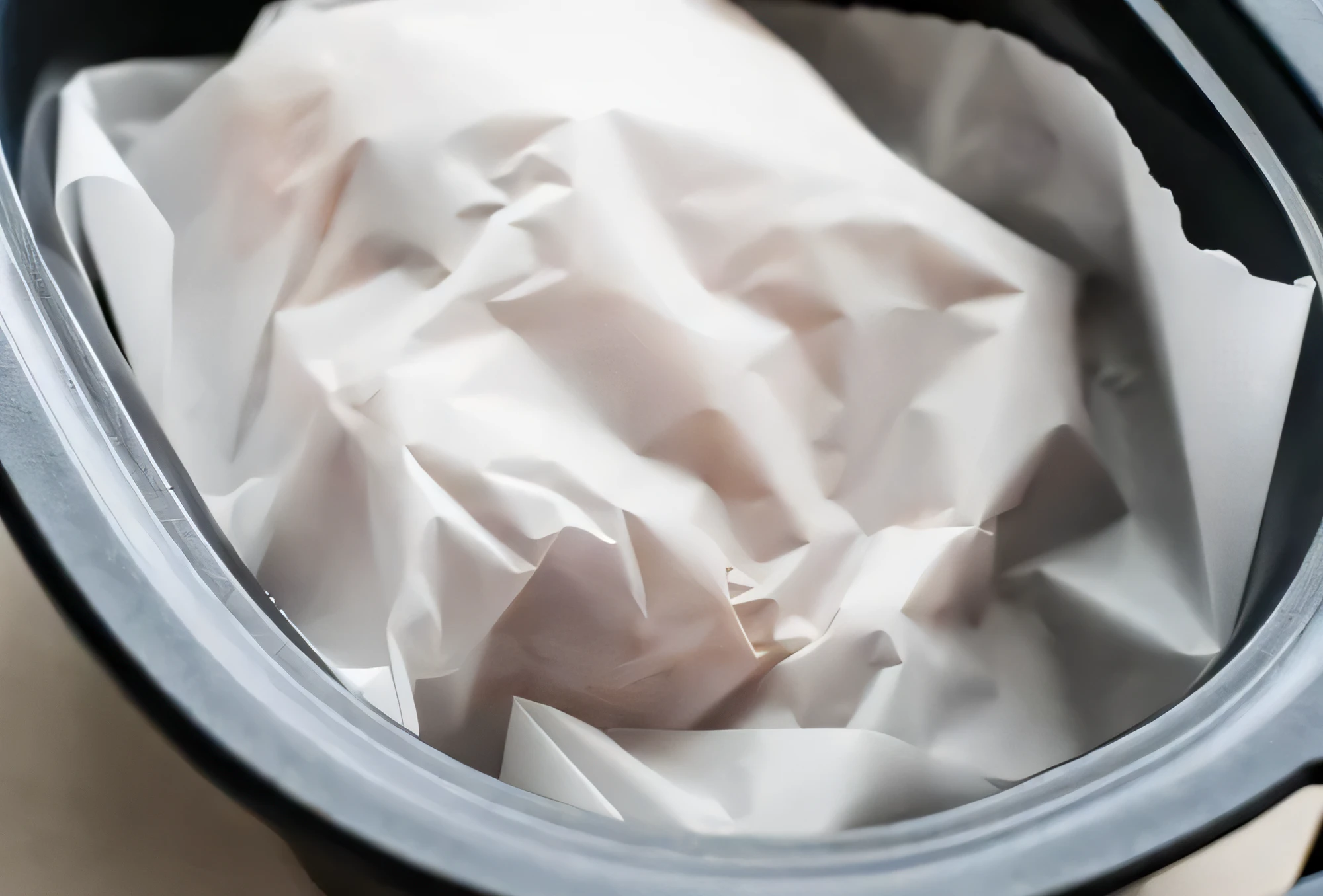 Parchment paper pressed against the chicken inside a slow cooker