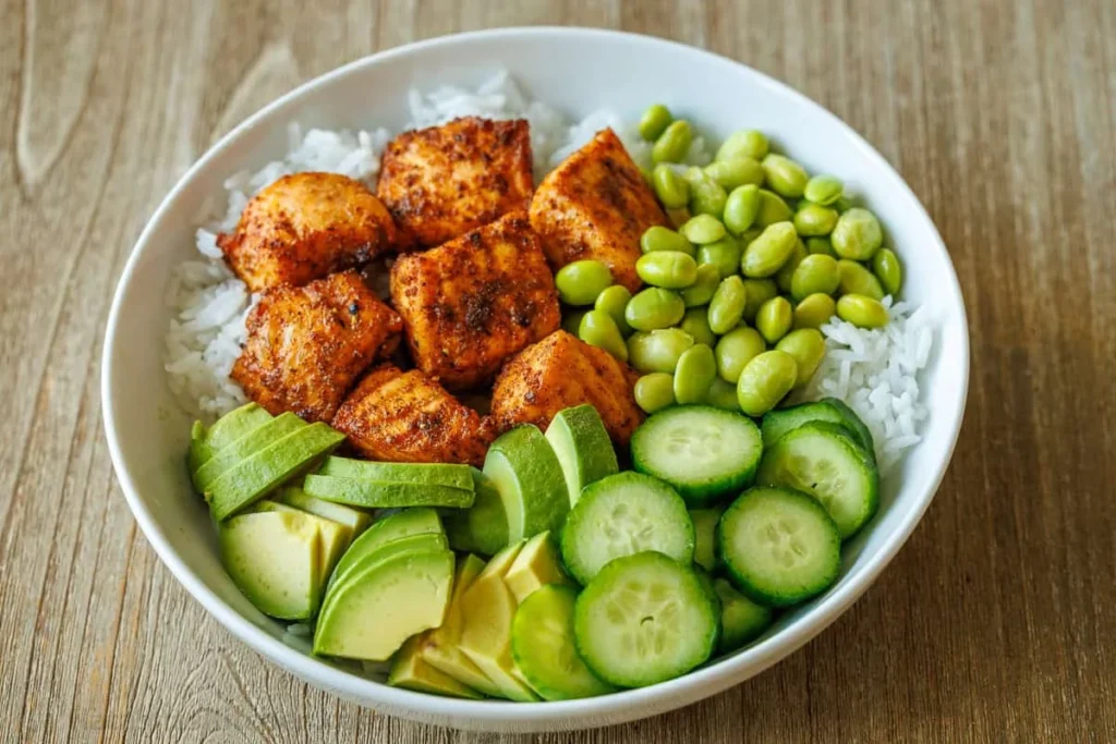 Air fryer salmon bowl with rice, edamame, avocado and cucumber
