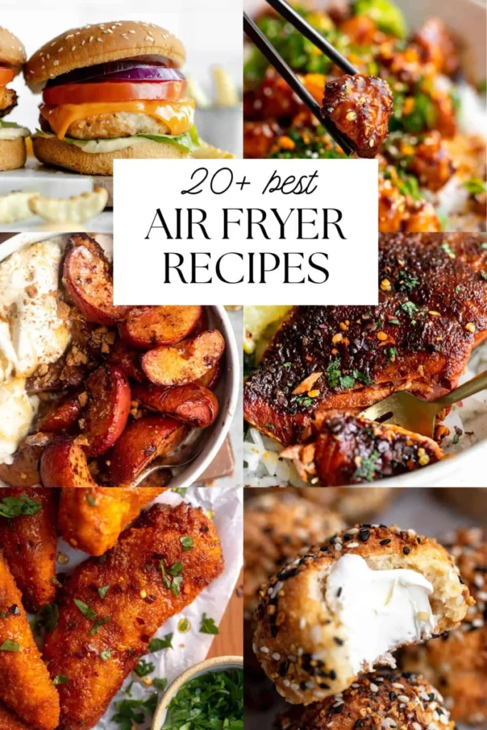 Variety of air fryer recipes plated on a kitchen counter