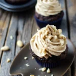 Chocolate zucchini cupcake with peanut butter frosting on wooden table