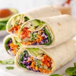 Colourful no-cook veggie wraps cut in half, showing hummus, avocado and rainbow vegetables.