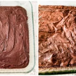 Pan of fudgy coconut oil brownies with crinkly tops cooling on a rack