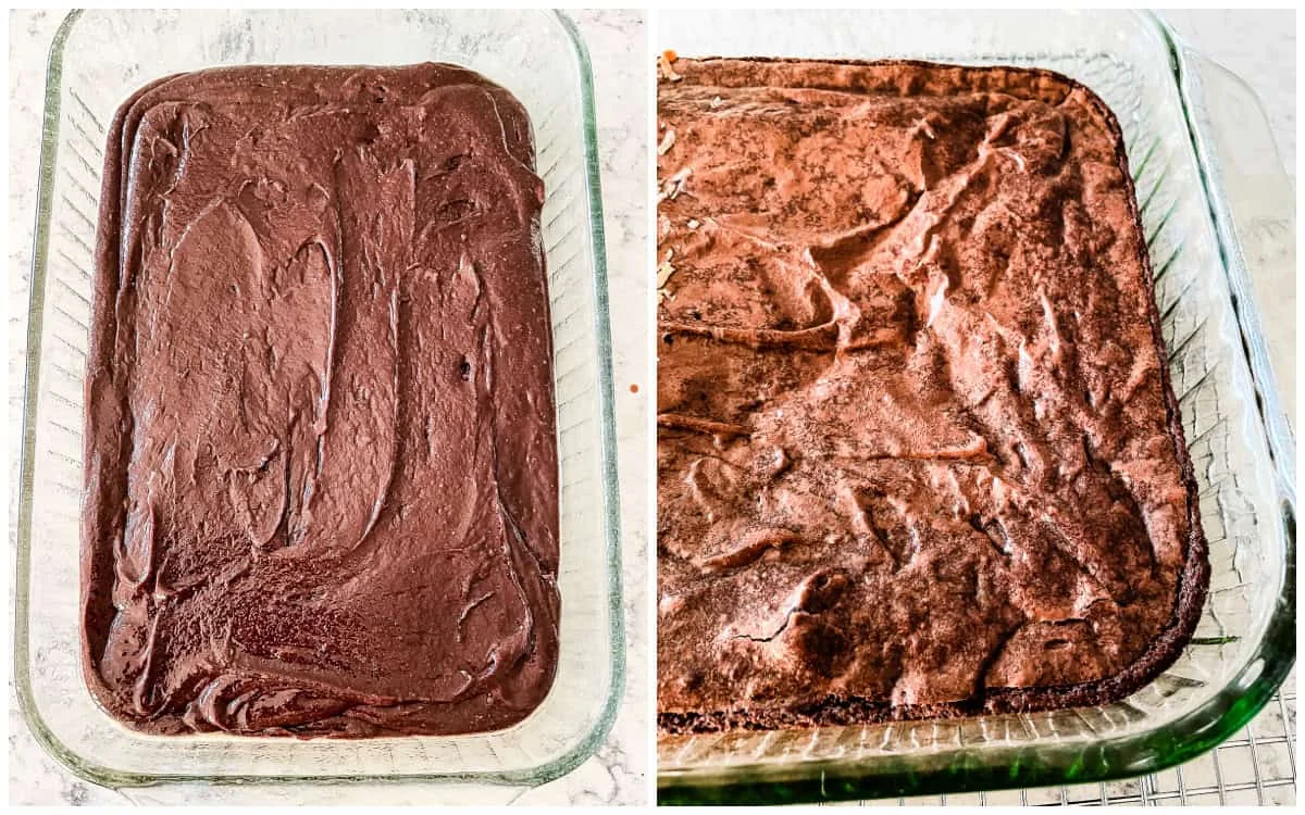 Pan of fudgy coconut oil brownies with crinkly tops cooling on a rack
