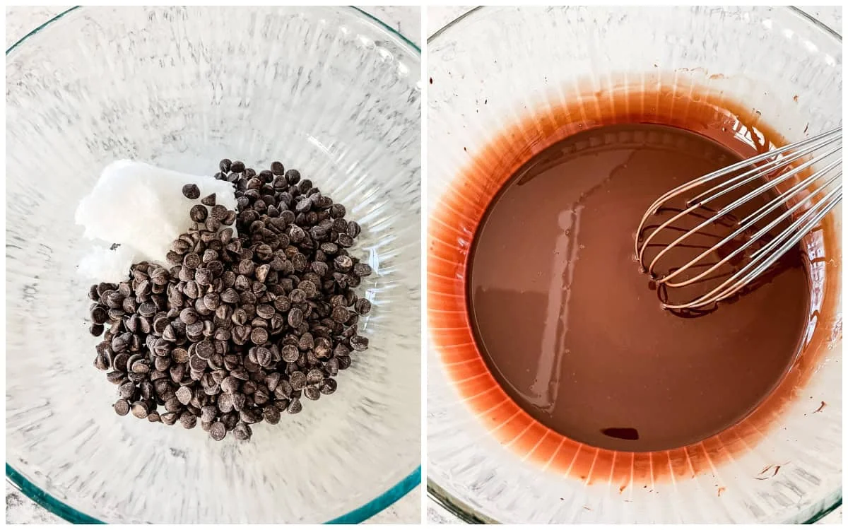 Coconut oil and chocolate chips melted together in a glass bowl