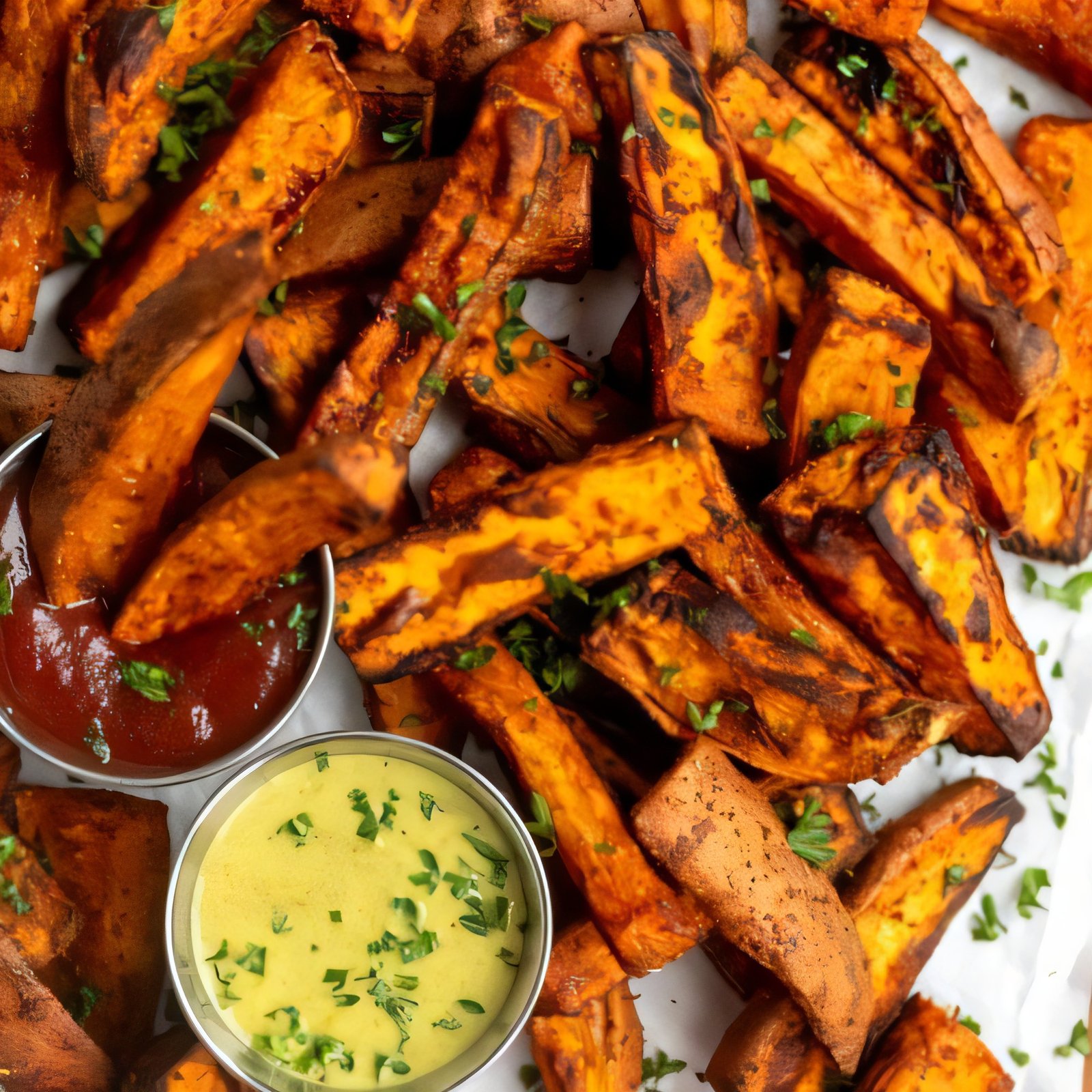 Seasoned air fryer sweet potato wedges on a plate