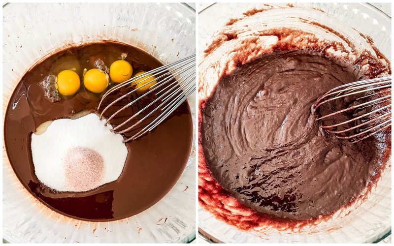 Brownie batter being mixed with eggs and sugar in a bowl
