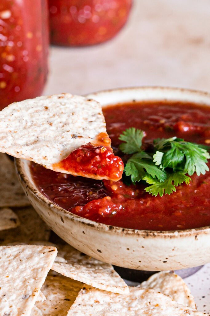 Restaurant style homemade canned salsa in a bowl with chips