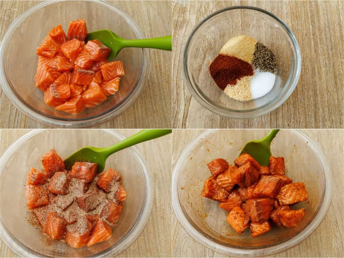 Salmon cubes being seasoned step by step in a bowl