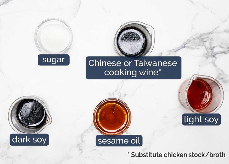 Sauce ingredients flat-lay: soy sauce, cooking wine, sugar, sesame oil