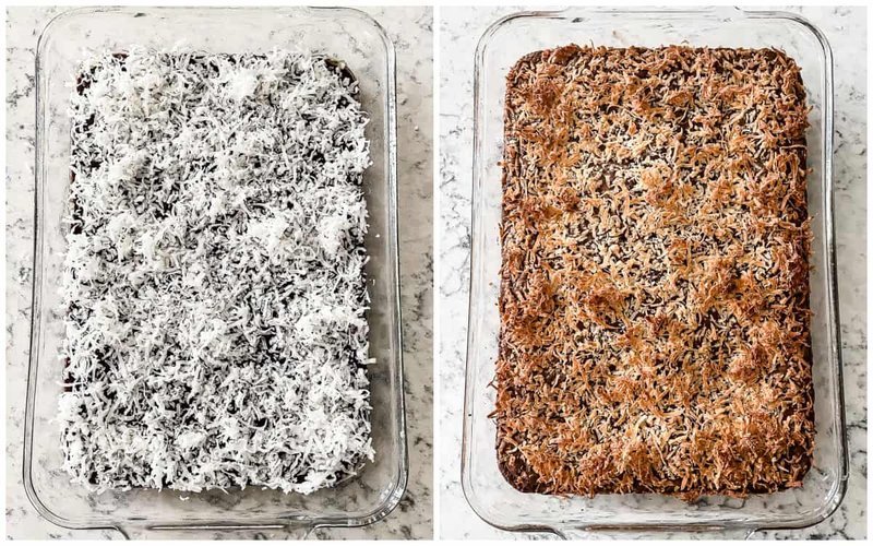 Coconut-topped brownies before and after baking in the oven