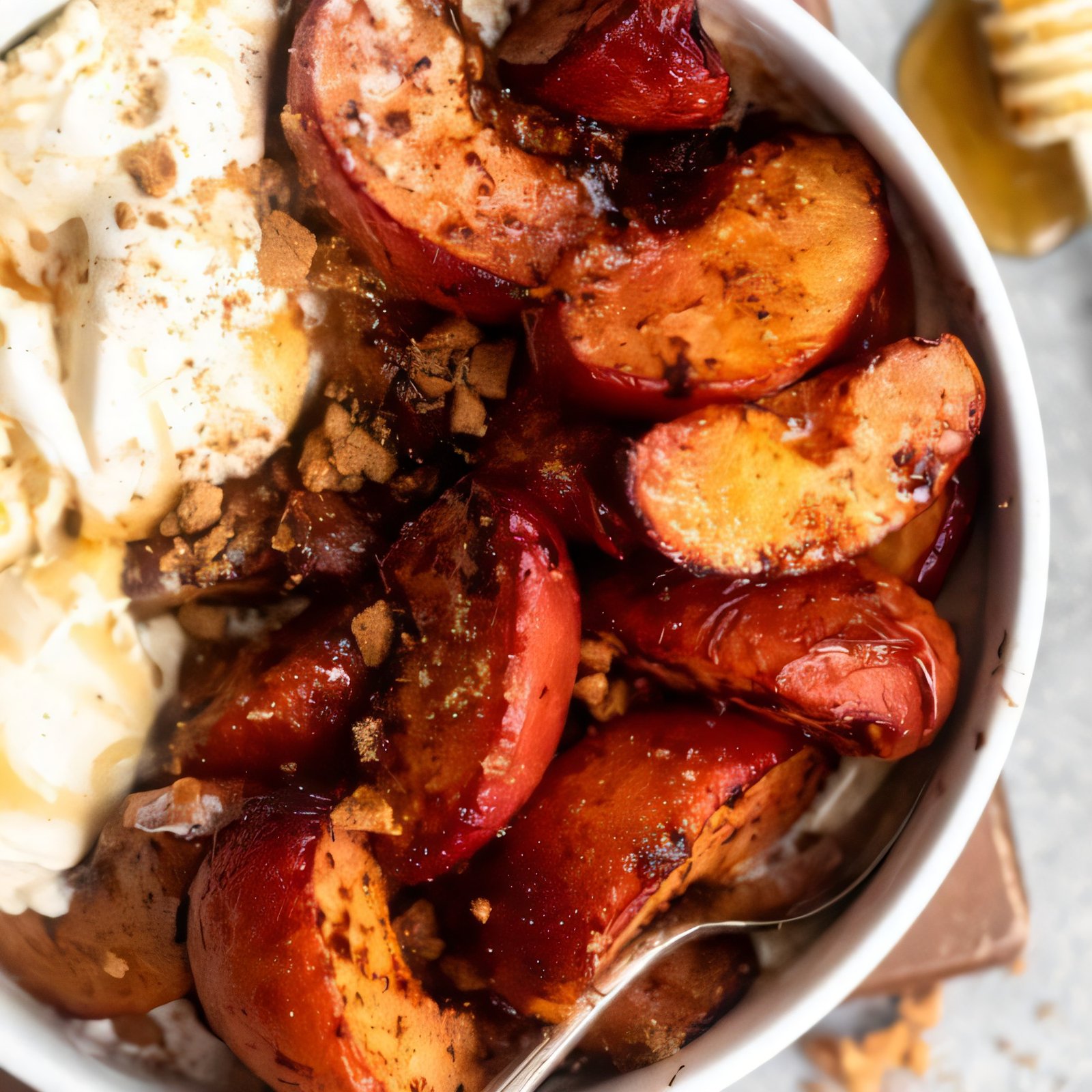 Cinnamon sugared air fryer peaches in a bowl