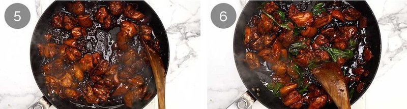 Chicken searing in the pan with garlic, sauce reducing